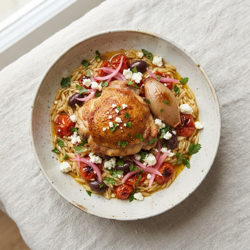 Tomato, Shallot & Olive Chicken with Orzo & Feta